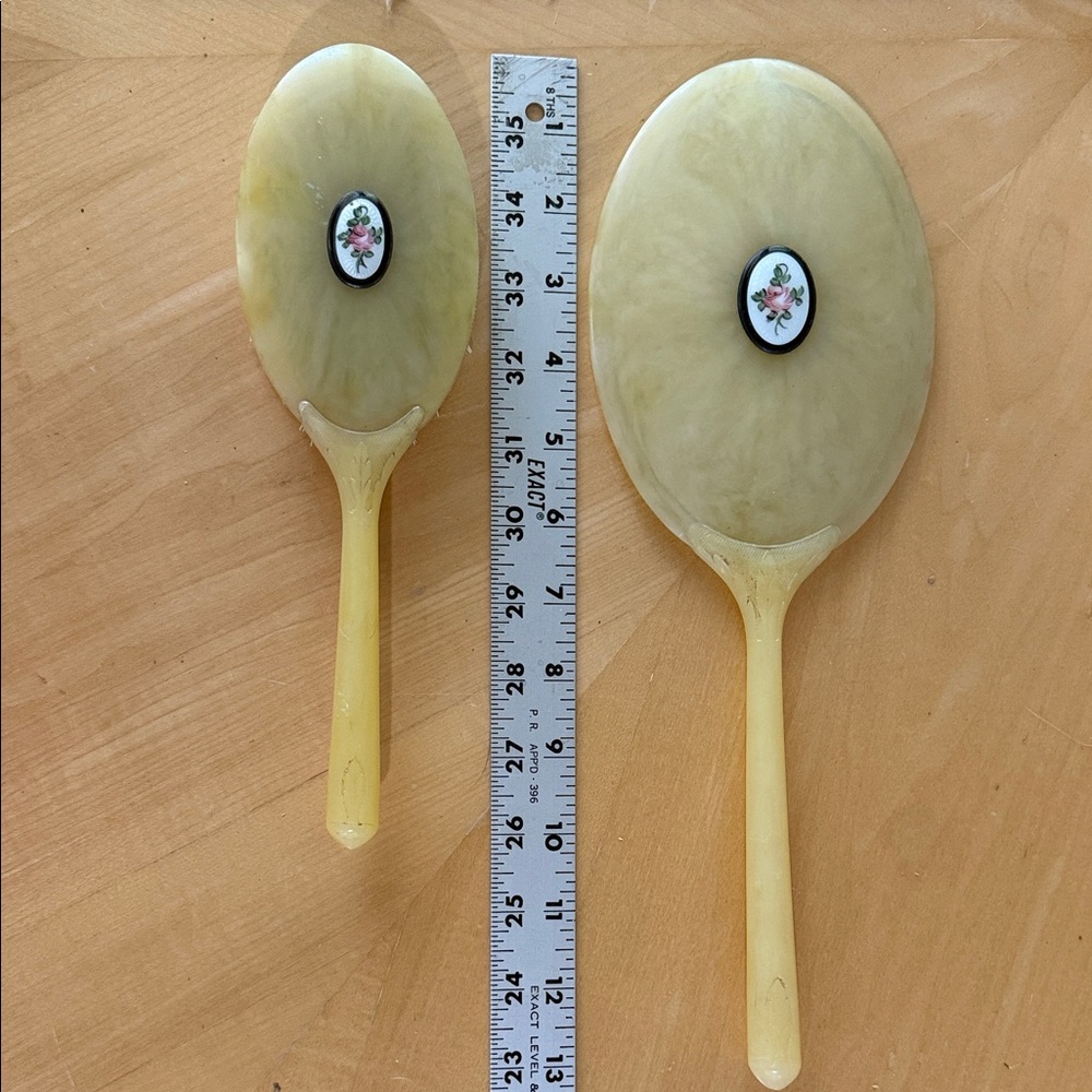 Vintage Yellow Hair Brush and Mirror Set